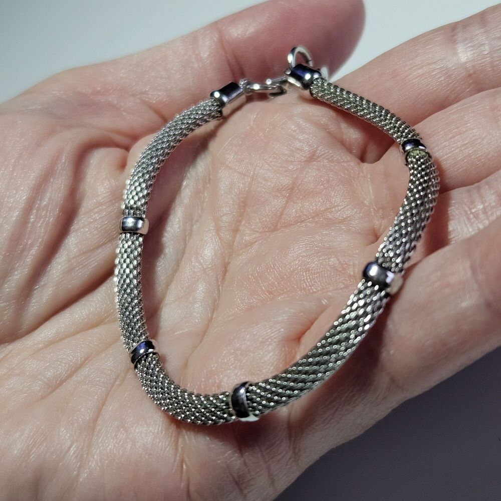 Vintage Emmons Silver Tone Mesh Station Ball Bracelet 7.5"